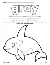 Free whale color gray coloring page and color worksheet, gray worksheet for preschoolers to learn colors, printable PDF