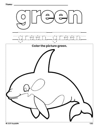 Free whale color green coloring page and color worksheet, green worksheet for preschoolers to learn colors, printable PDF