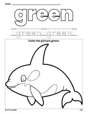 Free whale color green coloring page and color worksheet, green worksheet for preschoolers to learn colors, printable PDF