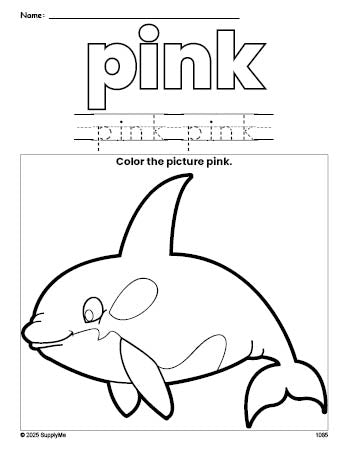 Free whale color pink coloring page and color worksheet, pink worksheet for preschoolers to learn colors, printable PDF