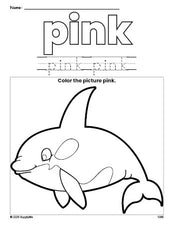 Free whale color pink coloring page and color worksheet, pink worksheet for preschoolers to learn colors, printable PDF