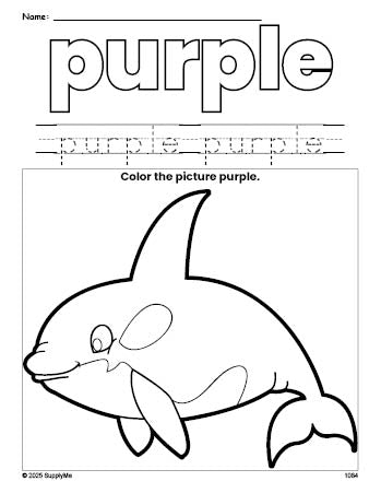 Free whale color purple coloring page and color worksheet, purple worksheet for preschoolers to learn colors, printable PDF