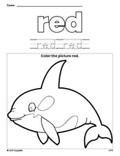 Free whale color red coloring page and color worksheet, red worksheet for preschoolers to learn colors, printable PDF