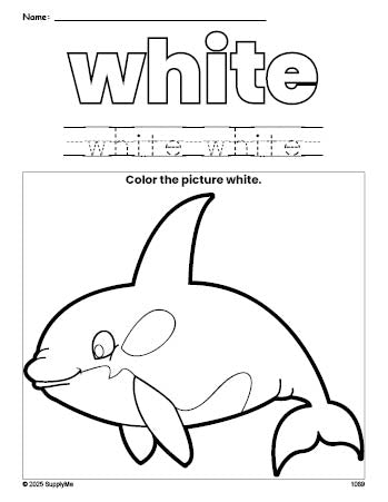 Free whale color white coloring page and color worksheet, white worksheet for preschoolers to learn colors, printable PDF