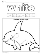 Free whale color white coloring page and color worksheet, white worksheet for preschoolers to learn colors, printable PDF