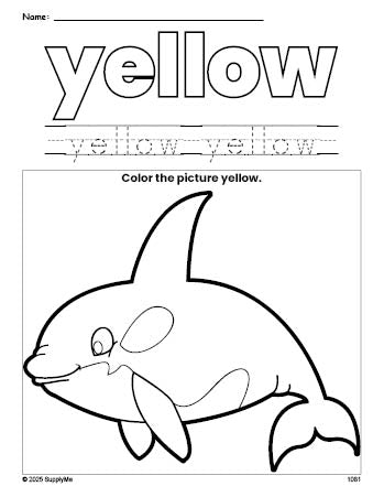 Free whale color yellow coloring page and color worksheet, yellow worksheet for preschoolers to learn colors, printable PDF