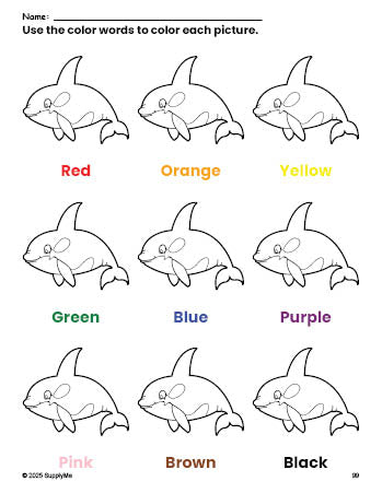 Free whale coloring page and color worksheet for preschoolers to learn colors, printable PDF