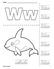 Free printable whale coloring page and cursive letter tracing worksheet, letter w worksheet for preschool, pre-k, and kindergarten, PDF