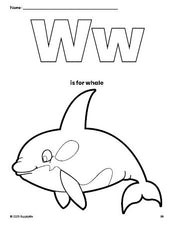 Free printable whale coloring page, letter w coloring page for preschool, pre-k, and kindergarten, PDF