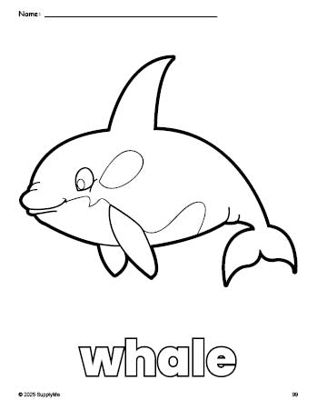 Free printable whale coloring page for preschool, pre-k, and kindergarten, PDF