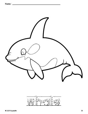 Free printable whale coloring page and word tracing worksheet, letter formation guides, perfect for preschool, pre-k, and kindergarten, PDF