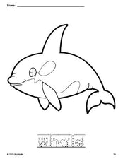 Free printable whale coloring page and word tracing worksheet, letter formation guides, perfect for preschool, pre-k, and kindergarten, PDF