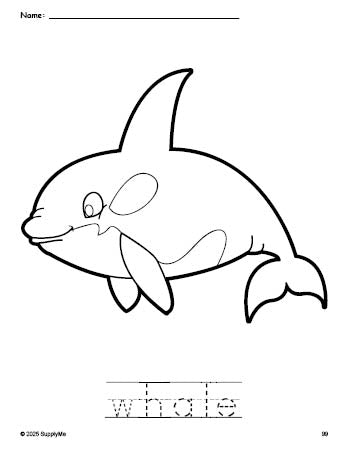 Free printable whale coloring page and word tracing worksheet, perfect for preschool, pre-k, and kindergarten, PDF