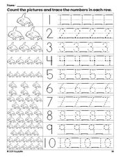 Free printable whale counting worksheet for preschool and pre-k with number tracing practice 1-10, PDF