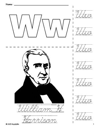 Free printable William H Harrison Presidents' Day coloring page and cursive letter tracing worksheet, letter w worksheet for preschool, pre-k, and kindergarten, PDF