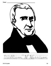 Free printable William H Harrison Presidents' Day coloring page and cursive word tracing worksheet, perfect for preschool, pre-k, and kindergarten, PDF