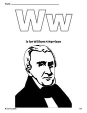 Free printable William H Harrison Presidents' Day coloring page, letter w coloring page for preschool, pre-k, and kindergarten, PDF