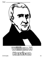 Free printable William H Harrison Presidents' Day coloring page for preschool, pre-k, and kindergarten, PDF