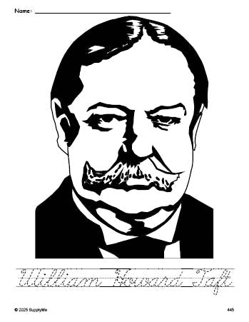 Free printable William Howard Taft Presidents' Day coloring page and cursive word tracing worksheet, perfect for preschool, pre-k, and kindergarten, PDF