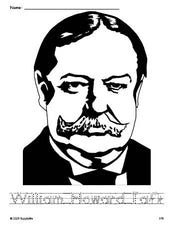 Free printable William Howard Taft Presidents' Day coloring page and word tracing worksheet, letter formation guides, perfect for preschool, pre-k, and kindergarten, PDF