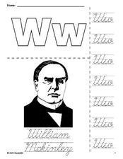 Free printable William Mckinley Presidents' Day coloring page and cursive letter tracing worksheet, letter w worksheet for preschool, pre-k, and kindergarten, PDF