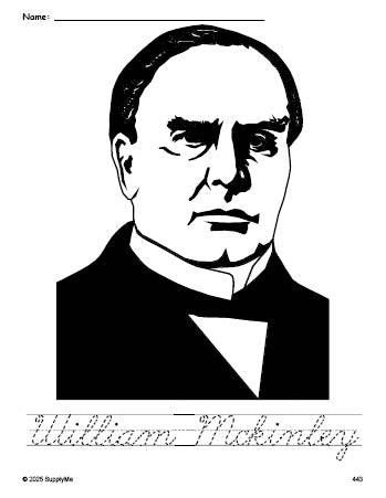 Free printable William Mckinley Presidents' Day coloring page and cursive word tracing worksheet, perfect for preschool, pre-k, and kindergarten, PDF