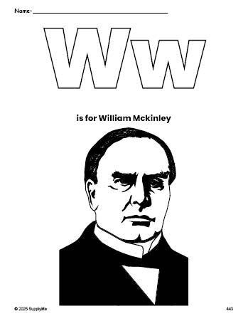 Free printable William Mckinley Presidents' Day coloring page, letter w coloring page for preschool, pre-k, and kindergarten, PDF