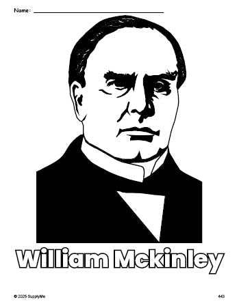 Free printable William Mckinley Presidents' Day coloring page for preschool, pre-k, and kindergarten, PDF