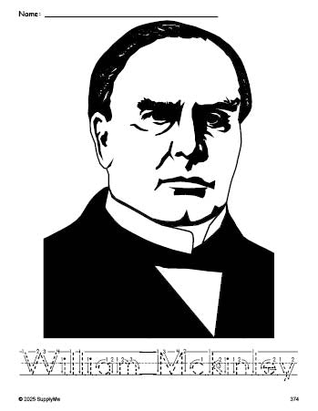 Free printable William Mckinley Presidents' Day coloring page and word tracing worksheet, letter formation guides, perfect for preschool, pre-k, and kindergarten, PDF