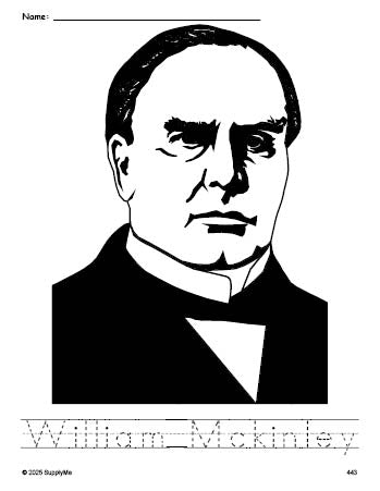 Free printable William Mckinley Presidents' Day coloring page and word tracing worksheet, perfect for preschool, pre-k, and kindergarten, PDF