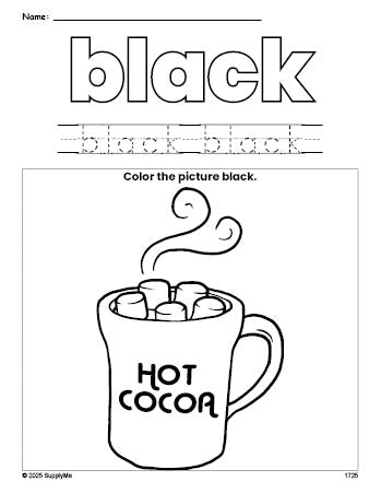 Free winter hot chocolate color black coloring page and color worksheet, black worksheet for preschoolers to learn colors, printable PDF