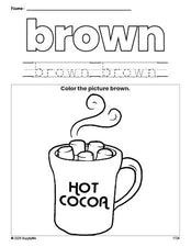 Free winter hot chocolate color brown coloring page and color worksheet, brown worksheet for preschoolers to learn colors, printable PDF