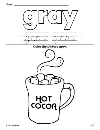 Free winter hot chocolate color gray coloring page and color worksheet, gray worksheet for preschoolers to learn colors, printable PDF