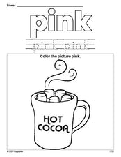 Free winter hot chocolate color pink coloring page and color worksheet, pink worksheet for preschoolers to learn colors, printable PDF