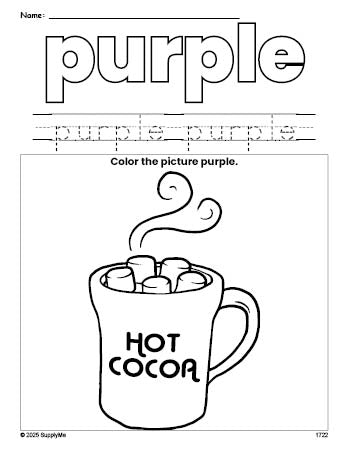 Free winter hot chocolate color purple coloring page and color worksheet, purple worksheet for preschoolers to learn colors, printable PDF