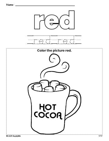 Free winter hot chocolate color red coloring page and color worksheet, red worksheet for preschoolers to learn colors, printable PDF