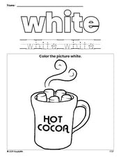 Free winter hot chocolate color white coloring page and color worksheet, white worksheet for preschoolers to learn colors, printable PDF