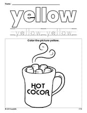 Free winter hot chocolate color yellow coloring page and color worksheet, yellow worksheet for preschoolers to learn colors, printable PDF