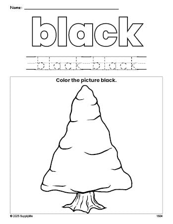 Free winter pine tree color black coloring page and color worksheet, black worksheet for preschoolers to learn colors, printable PDF