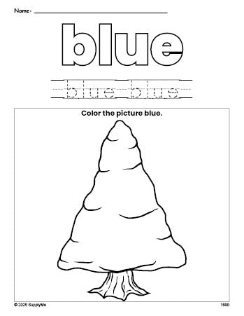 Free winter pine tree color blue coloring page and color worksheet, blue worksheet for preschoolers to learn colors, printable PDF