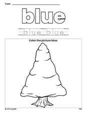 Free winter pine tree color blue coloring page and color worksheet, blue worksheet for preschoolers to learn colors, printable PDF