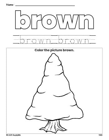 Free winter pine tree color brown coloring page and color worksheet, brown worksheet for preschoolers to learn colors, printable PDF