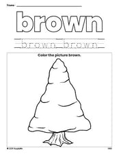 Free winter pine tree color brown coloring page and color worksheet, brown worksheet for preschoolers to learn colors, printable PDF