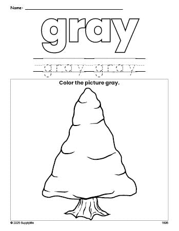 Free winter pine tree color gray coloring page and color worksheet, gray worksheet for preschoolers to learn colors, printable PDF