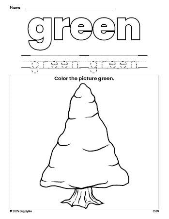 Free winter pine tree color green coloring page and color worksheet, green worksheet for preschoolers to learn colors, printable PDF