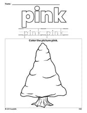 Free winter pine tree color pink coloring page and color worksheet, pink worksheet for preschoolers to learn colors, printable PDF