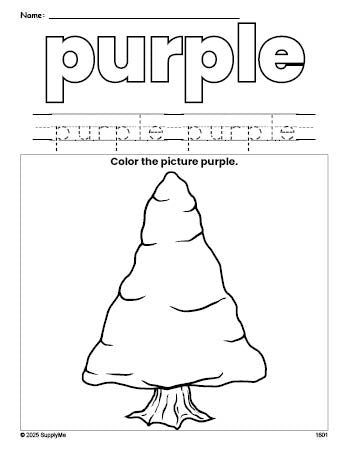 Free winter pine tree color purple coloring page and color worksheet, purple worksheet for preschoolers to learn colors, printable PDF