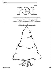 Free winter pine tree color red coloring page and color worksheet, red worksheet for preschoolers to learn colors, printable PDF