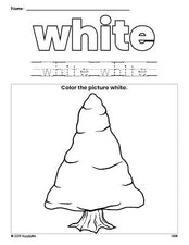 Free winter pine tree color white coloring page and color worksheet, white worksheet for preschoolers to learn colors, printable PDF