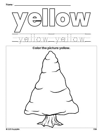 Free winter pine tree color yellow coloring page and color worksheet, yellow worksheet for preschoolers to learn colors, printable PDF